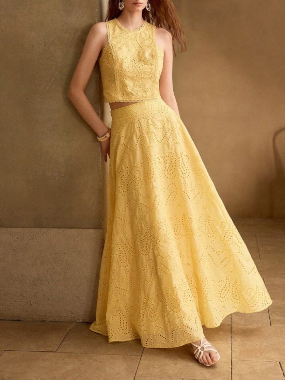 Yellow Eyelet Lace Round Neck Sleeveless Crop Top and A-Line Maxi Skirt Set